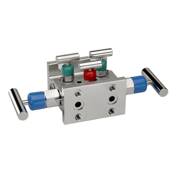 5 Valve Manifold, Soft Seat, Flange x Flange, Steel, Flare Pattern, 0.187" Orifice